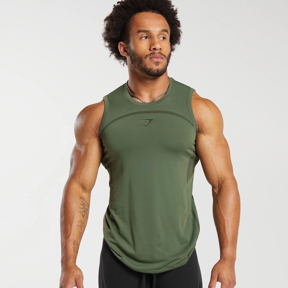 Mens Gymshark 315 Seamless Slim Fit Workout Tank Top - Core Olive Size Large